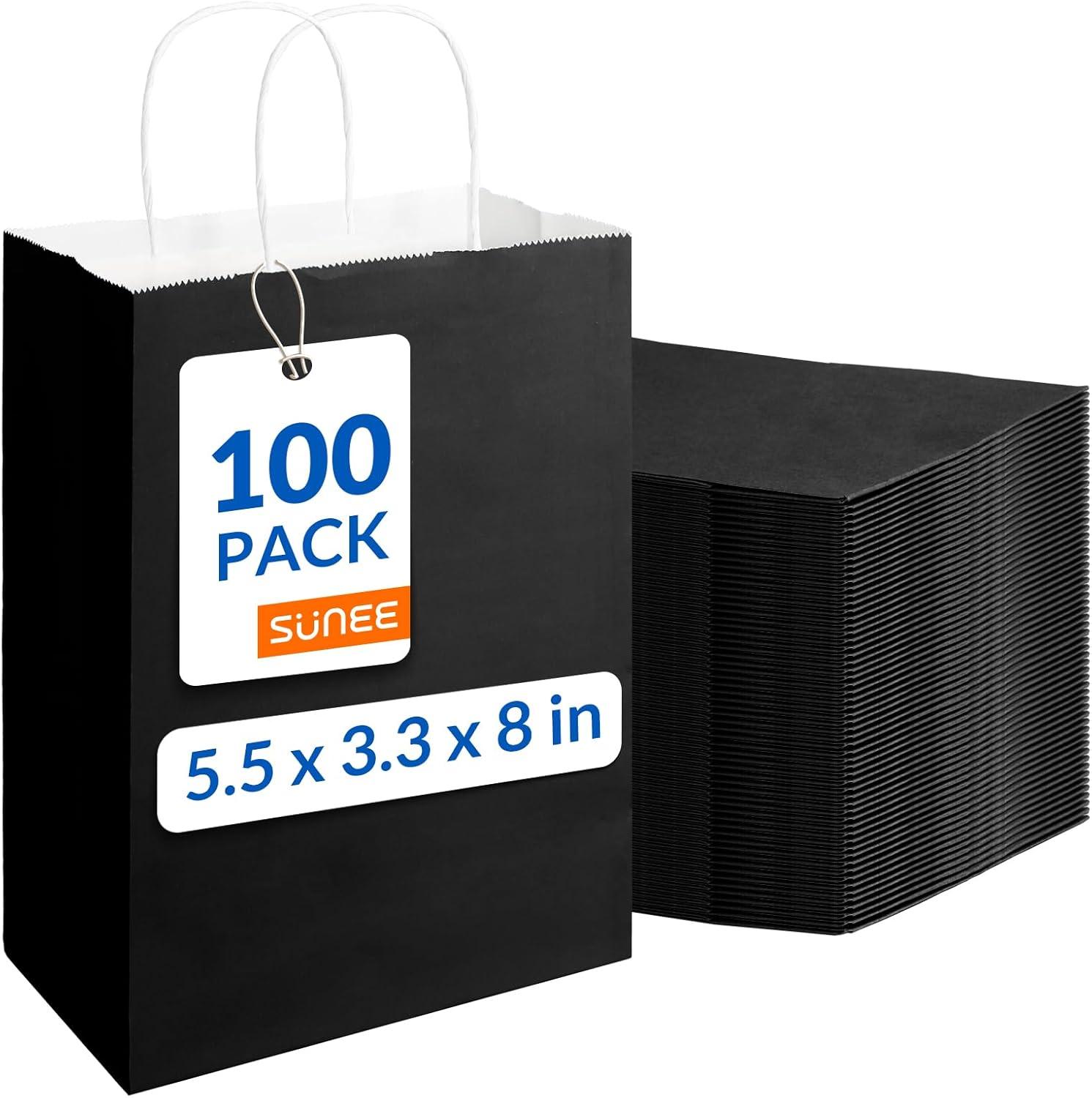 image:imageSUNEE Gift Bags with Handles 8x43x107 100 Pcs Paper Bags Medium Size Bulk for Gift Wrapping Retail Party Favors and Small Business BlackBlack