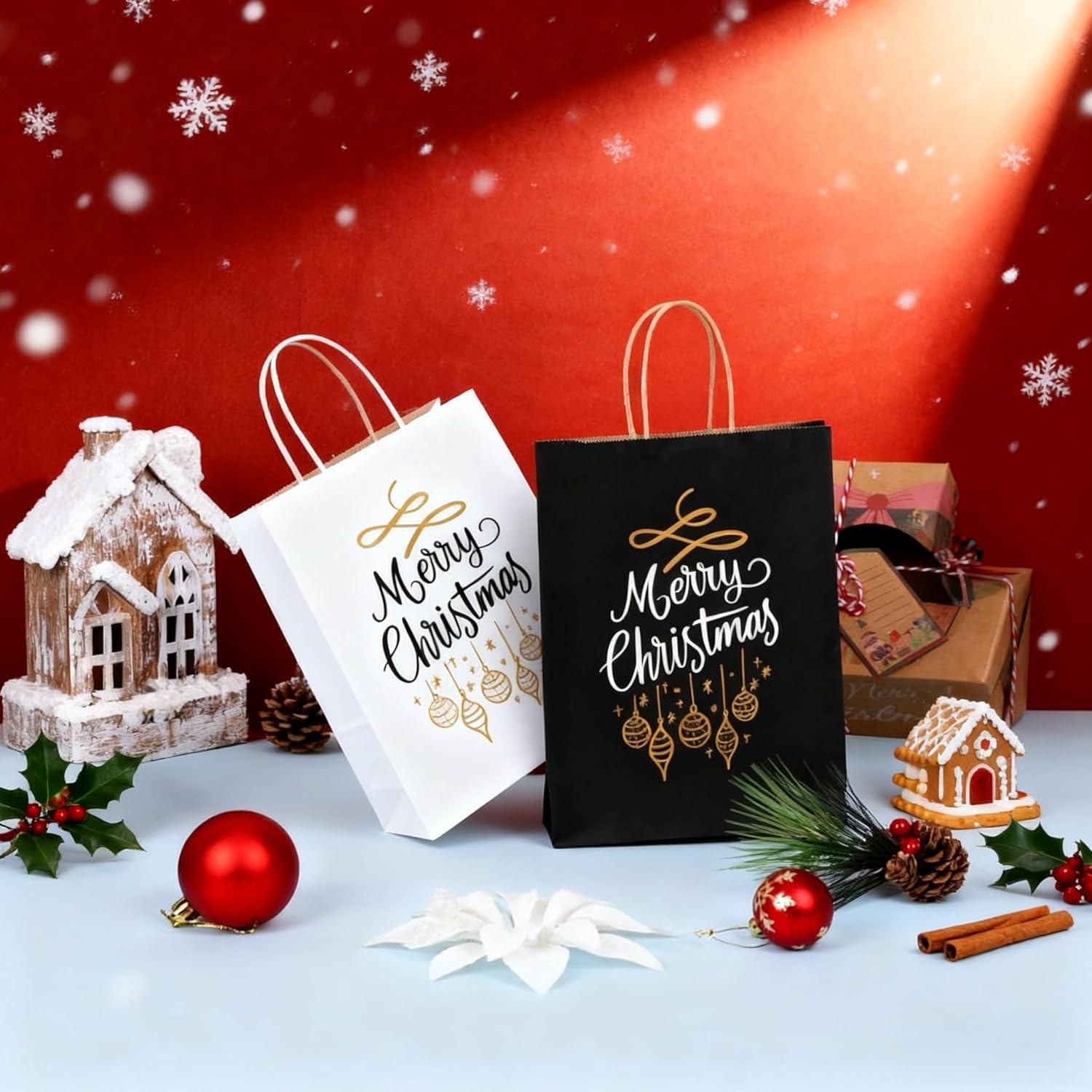 image:imageSUNEE Gift Bags with Handles 8x43x107 100 Pcs Paper Bags Medium Size Bulk for Gift Wrapping Retail Party Favors and Small Business BlackWhite