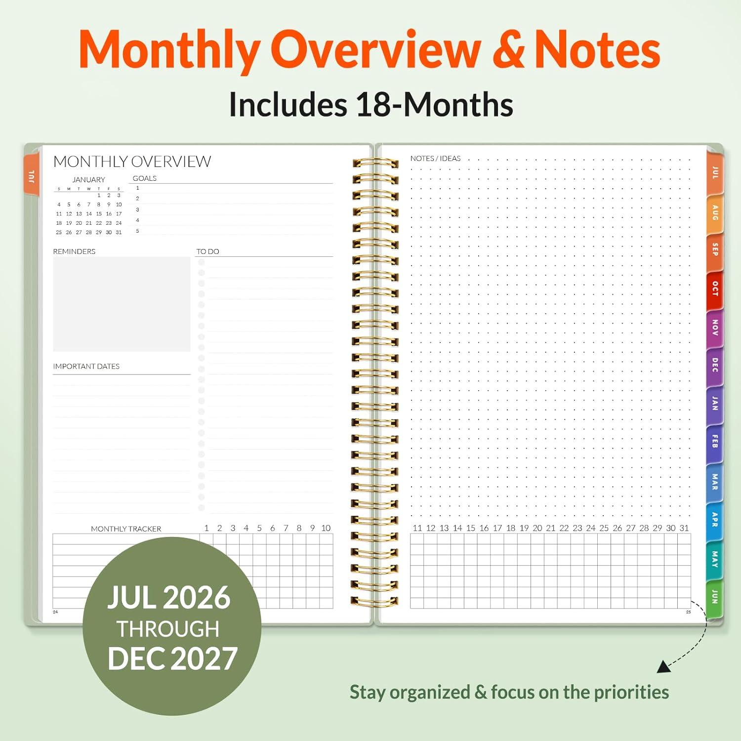 image:imageSUNEE Monthly Planner 20262027 18 Months Calendar Planner from Jul 2026 to Dec 2027 7x10 Yearly Planner with Tabs Spiral Binding Organizer for School Office Home PinkSage Green