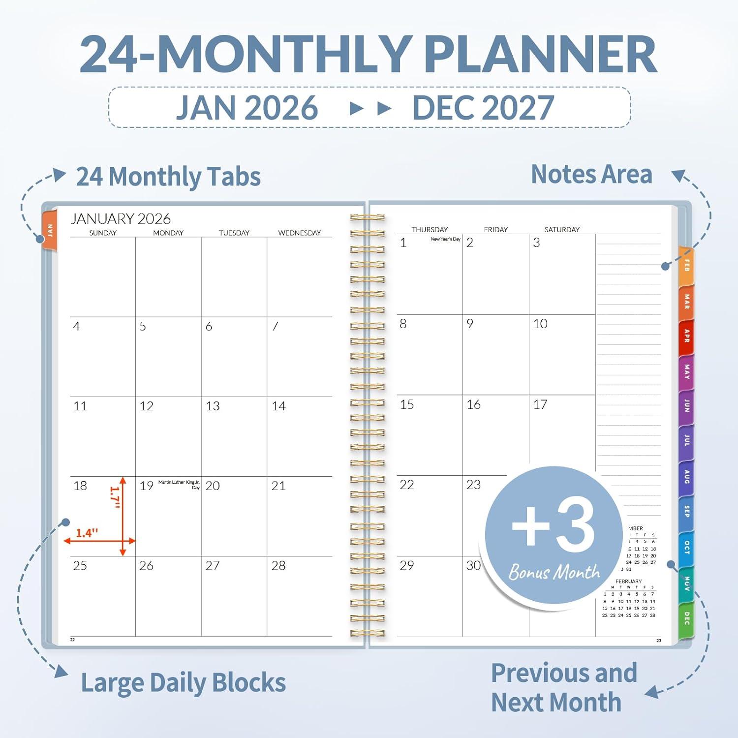 image:imageSUNEE Monthly Planner 20262027 18 Months Calendar Planner from Jul 2026 to Dec 2027 7x10 Yearly Planner with Tabs Spiral Binding Organizer for School Office Home PinkGray Blue