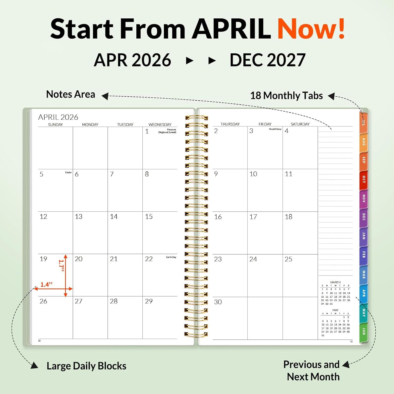 image:imageSUNEE Monthly Planner 20262027 18 Months Calendar Planner from Jul 2026 to Dec 2027 7x10 Yearly Planner with Tabs Spiral Binding Organizer for School Office Home PinkSage Green