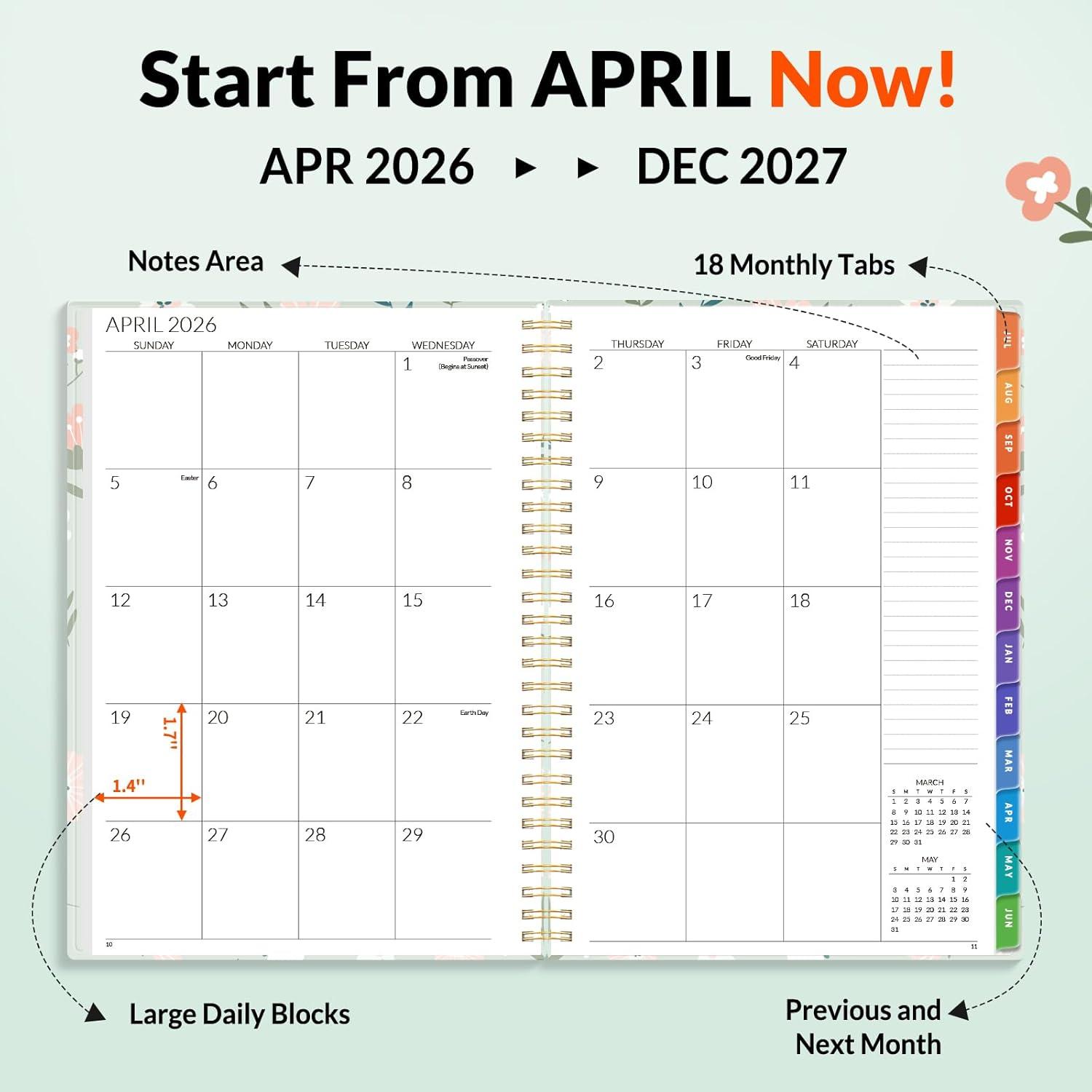 image:imageSUNEE Monthly Planner 20262027 18 Months Calendar Planner from Jul 2026 to Dec 2027 7x10 Yearly Planner with Tabs Spiral Binding Organizer for School Office Home PinkGreen Wildflowers