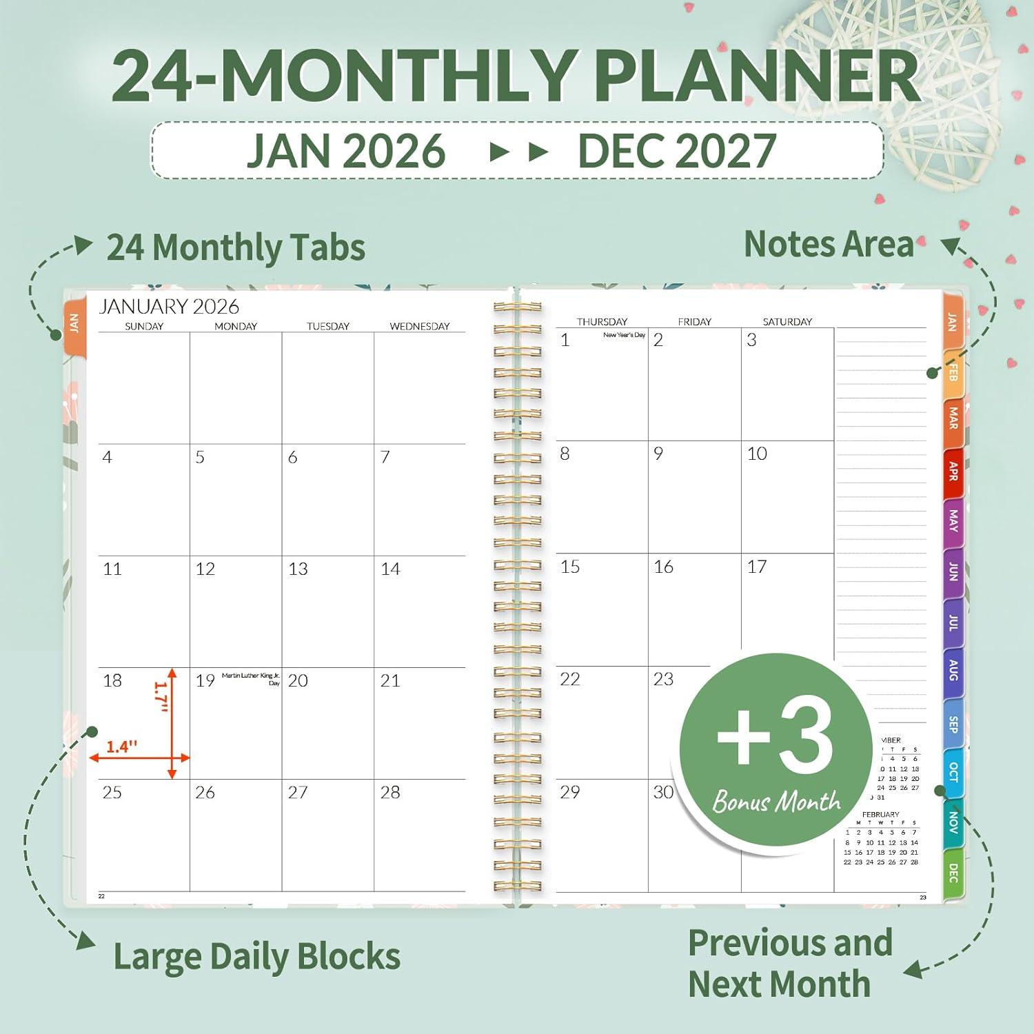 image:imageSUNEE Monthly Planner 20262027 18 Months Calendar Planner from Jul 2026 to Dec 2027 7x10 Yearly Planner with Tabs Spiral Binding Organizer for School Office Home PinkGreen Wildflowers