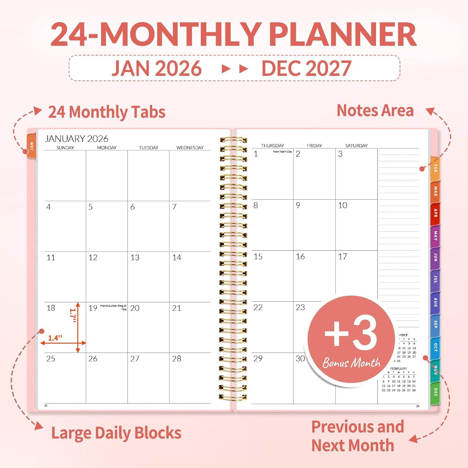 image:imageSUNEE Monthly Planner 20262027 18 Months Calendar Planner from Jul 2026 to Dec 2027 7x10 Yearly Planner with Tabs Spiral Binding Organizer for School Office Home PinkPink