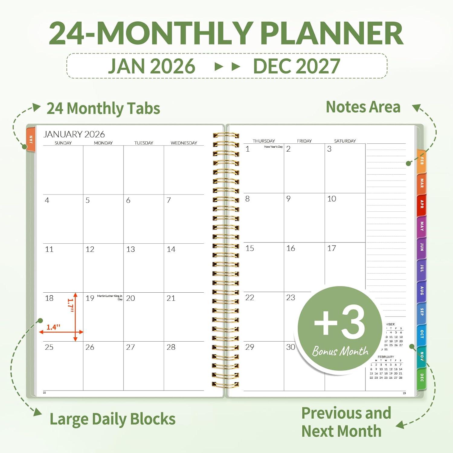 image:imageSUNEE Monthly Planner 20262027 18 Months Calendar Planner from Jul 2026 to Dec 2027 7x10 Yearly Planner with Tabs Spiral Binding Organizer for School Office Home PinkSage Green