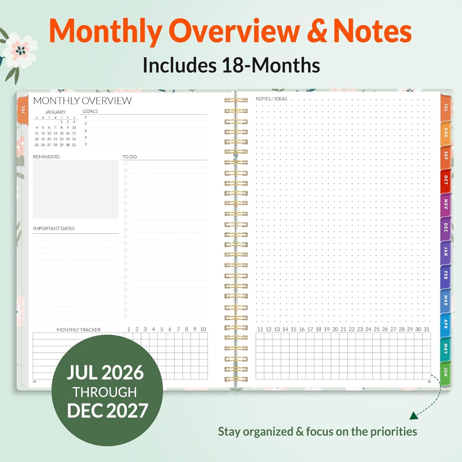 image:imageSUNEE Monthly Planner 20262027 18 Months Calendar Planner from Jul 2026 to Dec 2027 7x10 Yearly Planner with Tabs Spiral Binding Organizer for School Office Home PinkGreen Wildflowers