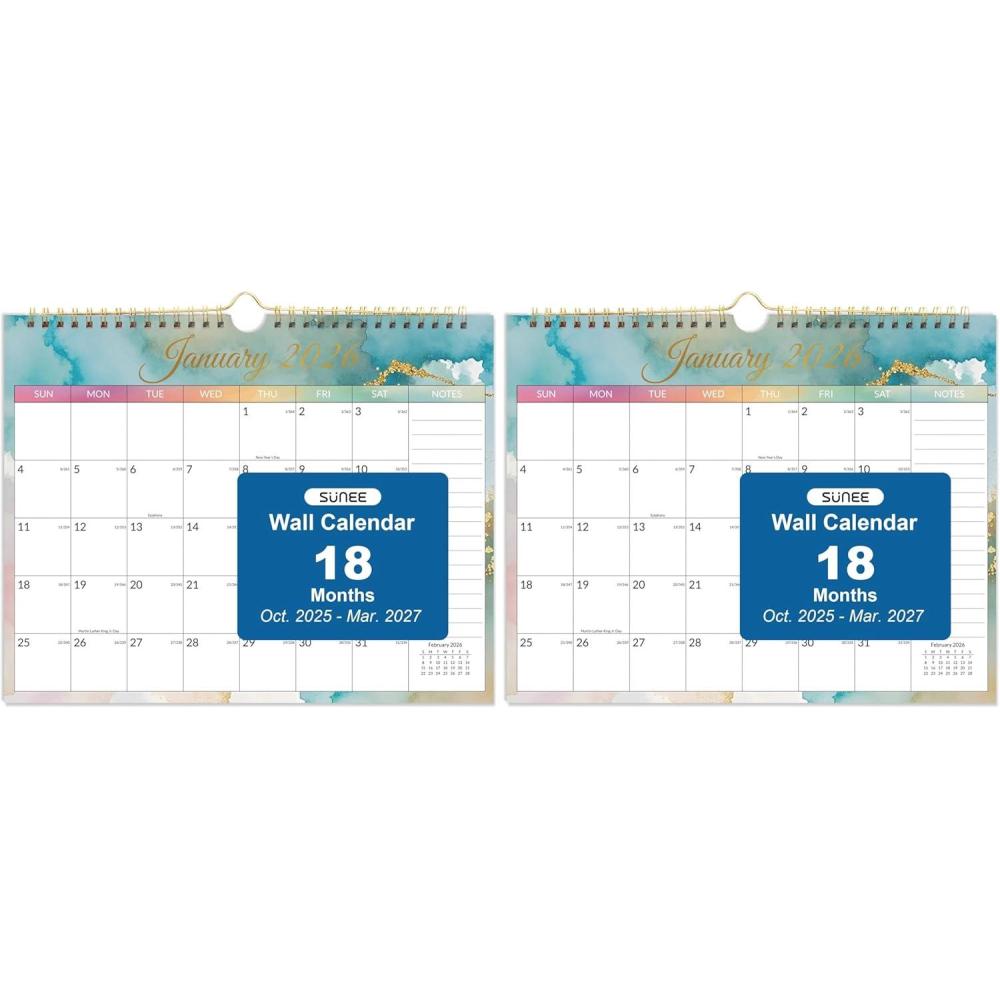image:imageSUNEE 2026 Calendar 18 Months Wall Calendar Oct 2025 Mar 2027 145x115 Big Grid Hanging Calendar with Note for Organizing amp Planning Watercolor Pack of 2
