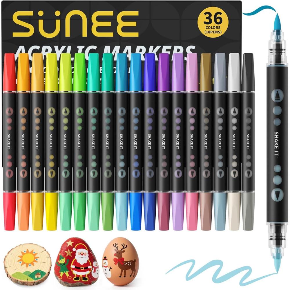 image:imageSUNEE Acrylic Paint Markers Brush Tip 36 Colors Acrylic Markers with Automatic Ink Control System Waterproof Acrylic Paint Pens for PaintingWood Canvas Glass Stone Fabric and Art Supplies18 Pack 36 Colors