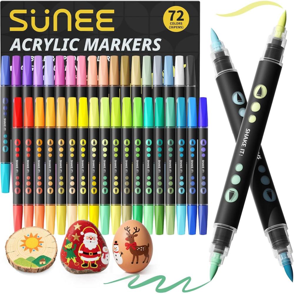 image:imageSUNEE Acrylic Paint Markers Brush Tip 36 Colors Acrylic Markers with Automatic Ink Control System Waterproof Acrylic Paint Pens for PaintingWood Canvas Glass Stone Fabric and Art Supplies36 Pack 72 Colors