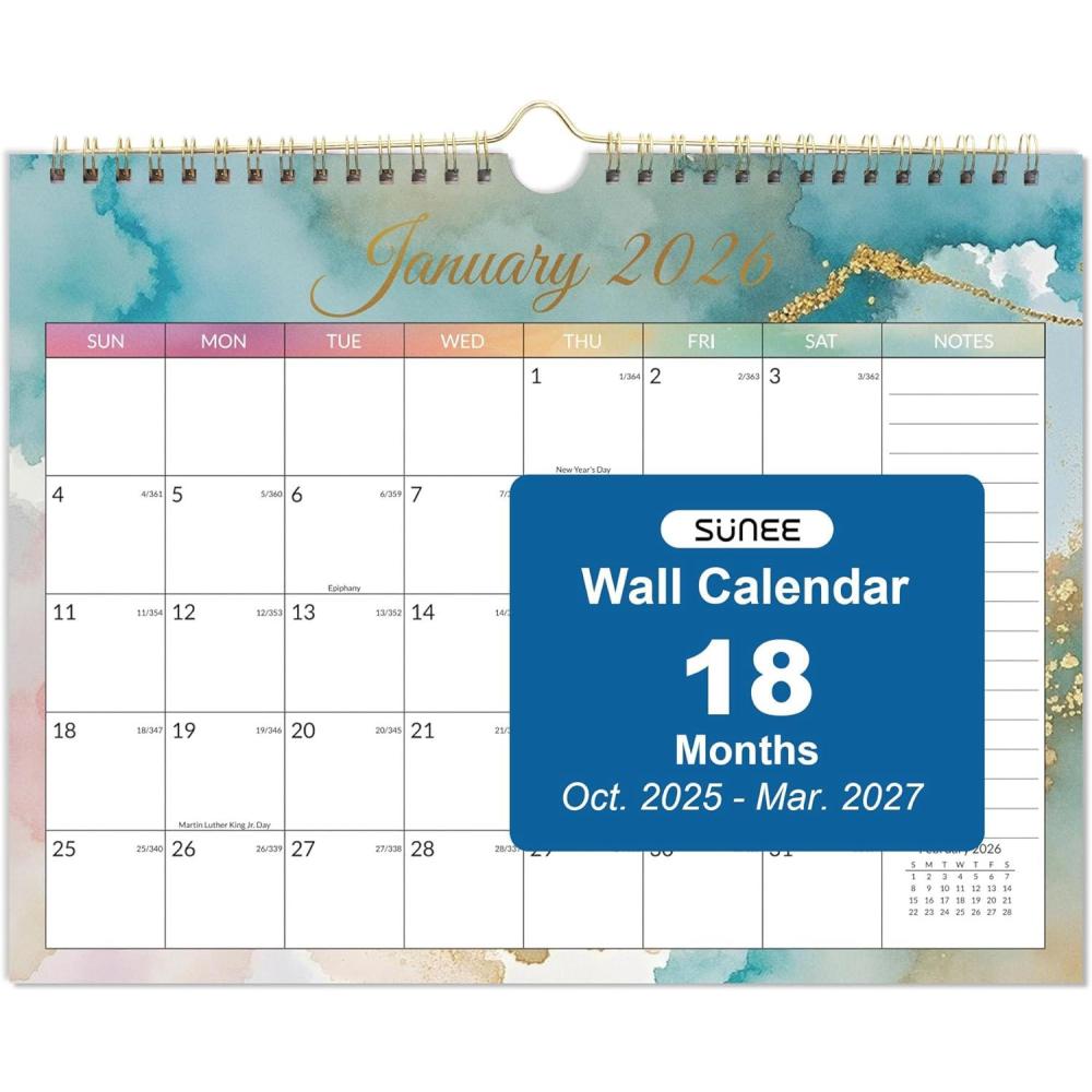 image:imageSUNEE Calendar 2026 18 Months Wall Calendar Oct 2025 Mar 2027 12x17 Big Hanging Calendar 2026 with Note Past Month and Next Month for Organizing amp Planning CuteWatercolor