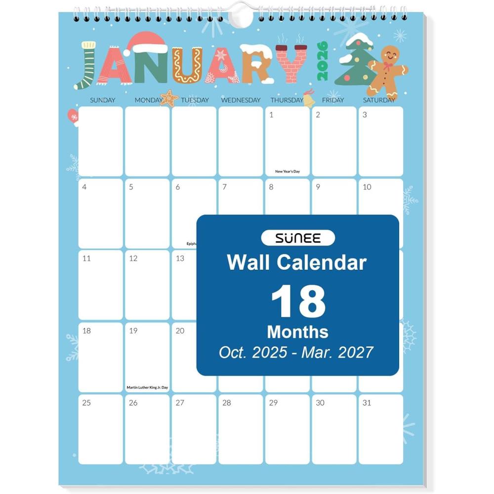 image:imageSUNEE Calendar 2026 18 Months Wall Calendar Oct 2025 Mar 2027 12x17 Big Hanging Calendar 2026 with Note Past Month and Next Month for Organizing amp Planning CuteCute