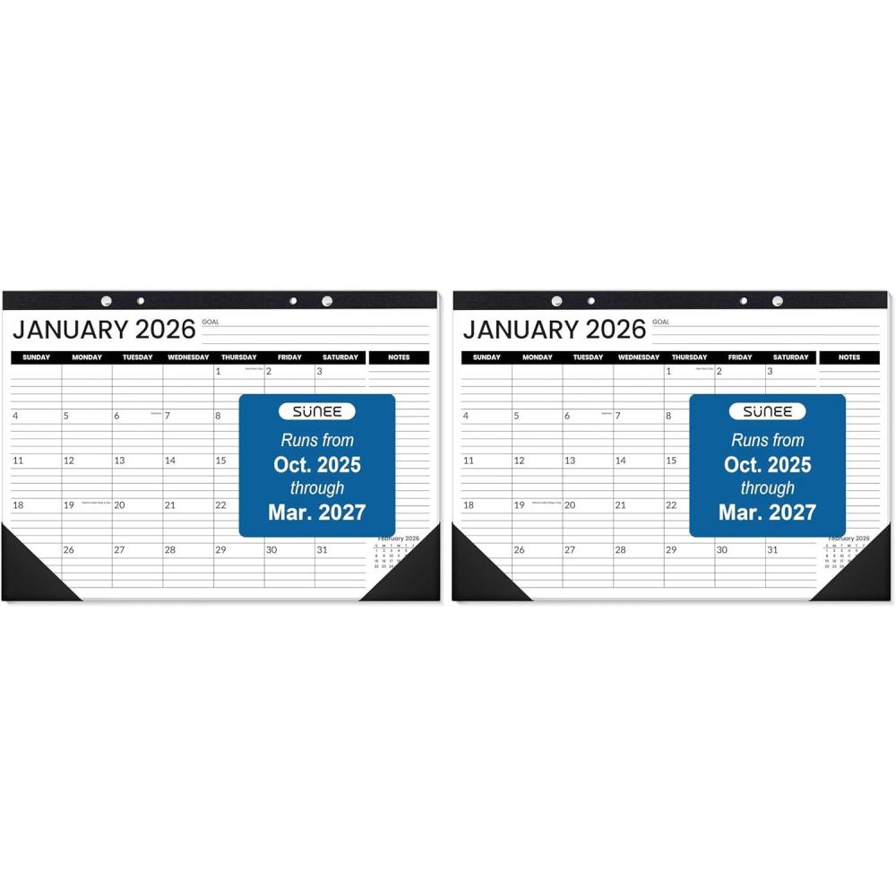image:imageSUNEE Desk Calendar 2026 18 Months from Oct 2025 to Mar 2027 17x12 Academic Calendar 2026 for Home School or Office 2026 Monthly Calendar with Note Black Pack of 2
