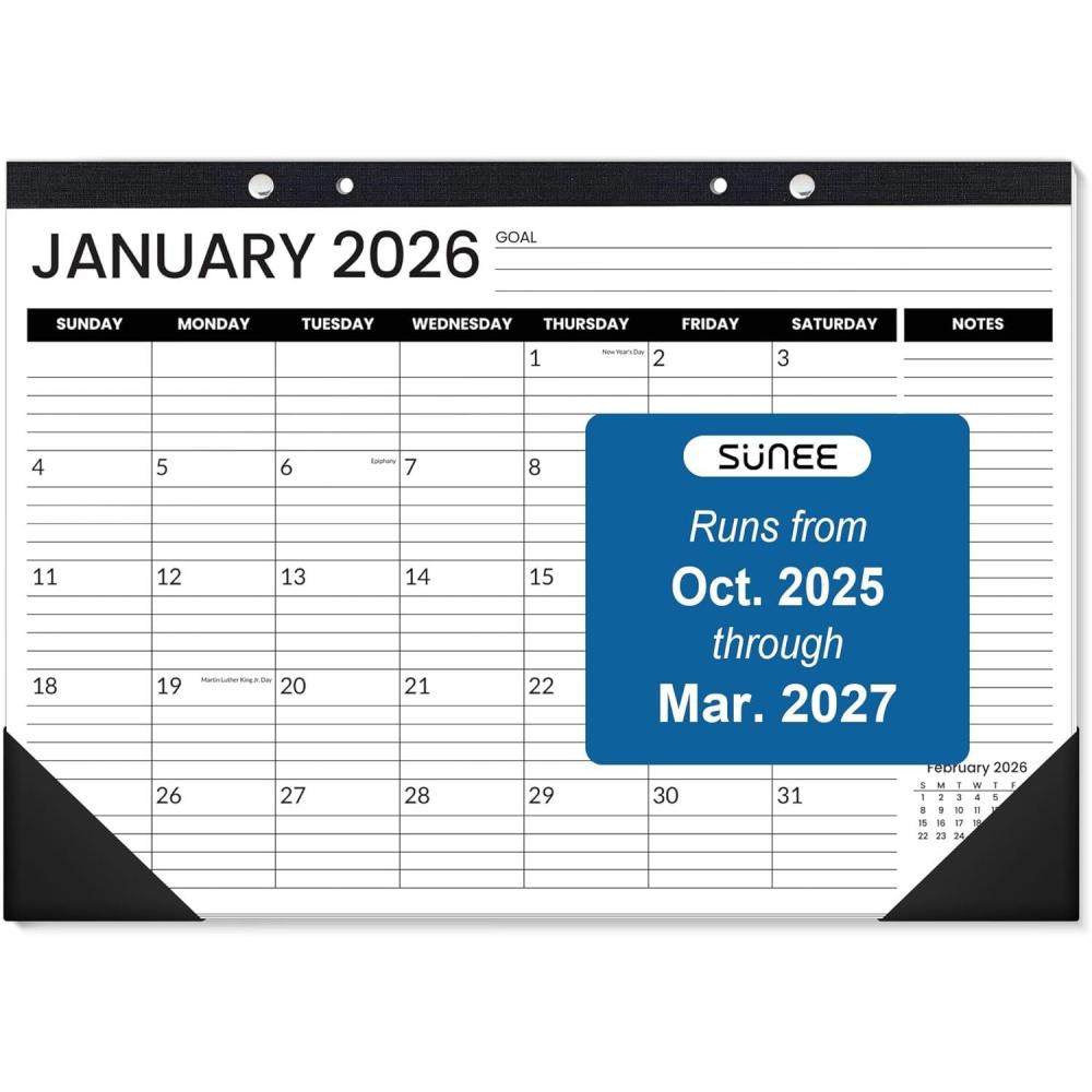 image:imageSUNEE Desk Calendar 2026 18 Months from Oct 2025 to Mar 2027 17x12 Academic Calendar 2026 for Home School or Office 2026 Monthly Calendar with Note Black17x12