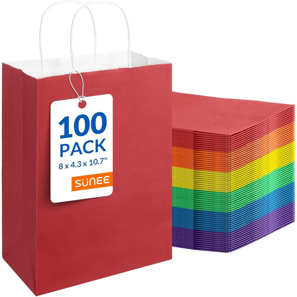 image:imageSUNEE Gift Bags with Handles 8x43x107 100 Pcs Paper Bags Medium Size Bulk for Gift Wrapping Retail Party Favors and Small Business BlackBright