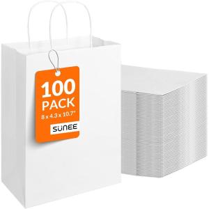 image:imageSUNEE 100 Pcs Black Gift Bags with Handles 55x33x8 Small Paper Gift Bags Bulk for Small Business Retail Merchandise Grocery and Wedding Birthday Party Favor  BlackWhite