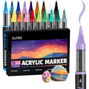 image:imageSUNEE Acrylic Paint Markers Brush Tip 36 Colors Acrylic Markers with Automatic Ink Control System Waterproof Acrylic Paint Pens for PaintingWood Canvas Glass Stone Fabric and Art Supplies18 Pack 18 Colors