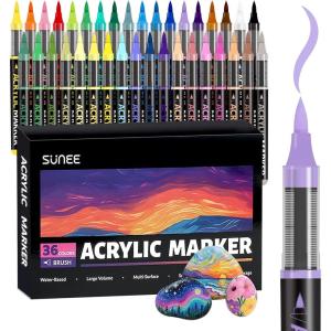 image:imageSUNEE Acrylic Paint Markers Brush Tip 36 Colors Acrylic Markers with Automatic Ink Control System Waterproof Acrylic Paint Pens for PaintingWood Canvas Glass Stone Fabric and Art Supplies36 Pack 36 Colors