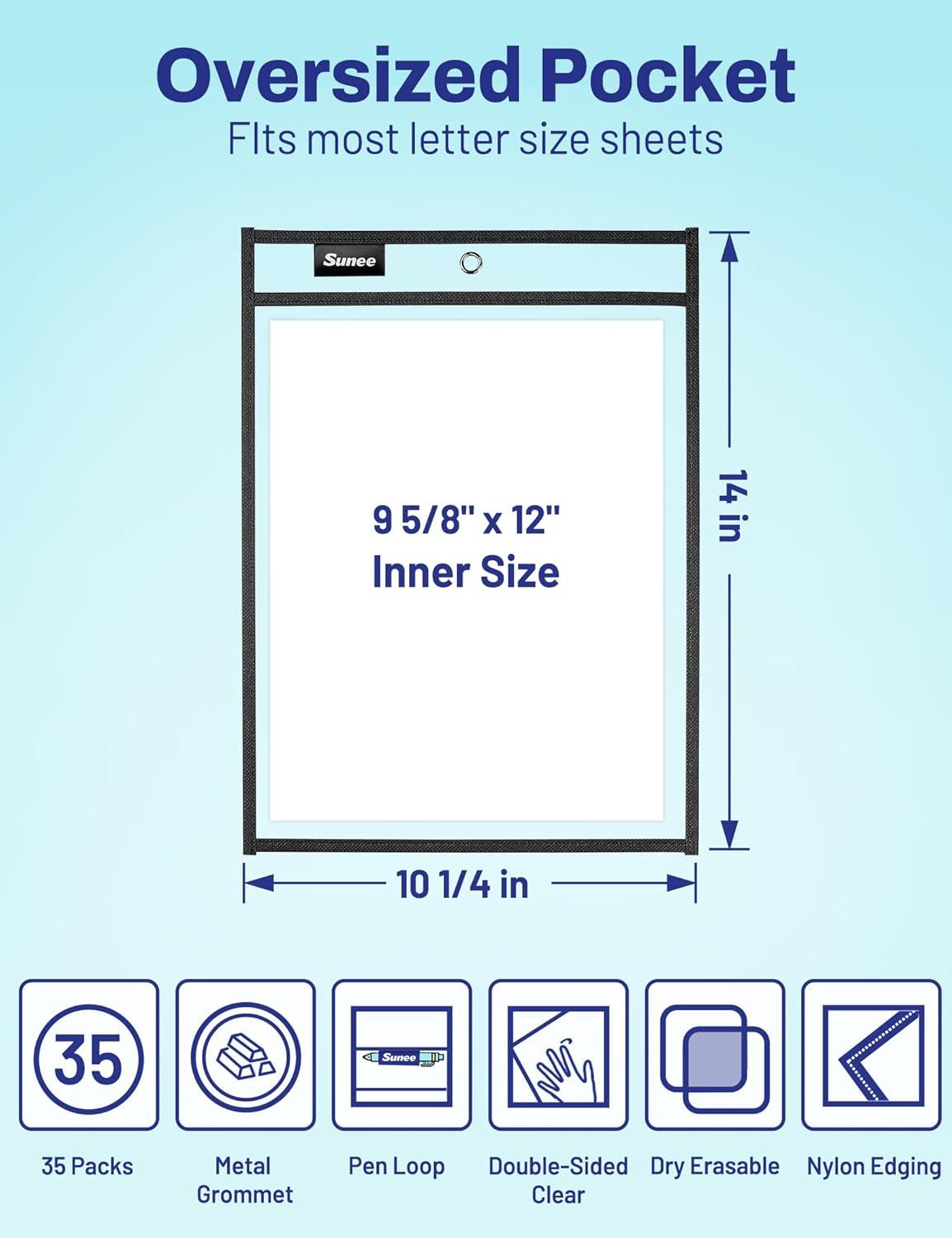 image:imageSUNEE 30 Packs Oversized Reusable Dry Erase Pocket Sleeves with 2 Rings Black 10x14 Ticket Holders Clear Plastic Sheet Protectors Teacher School Classroom Supplies30