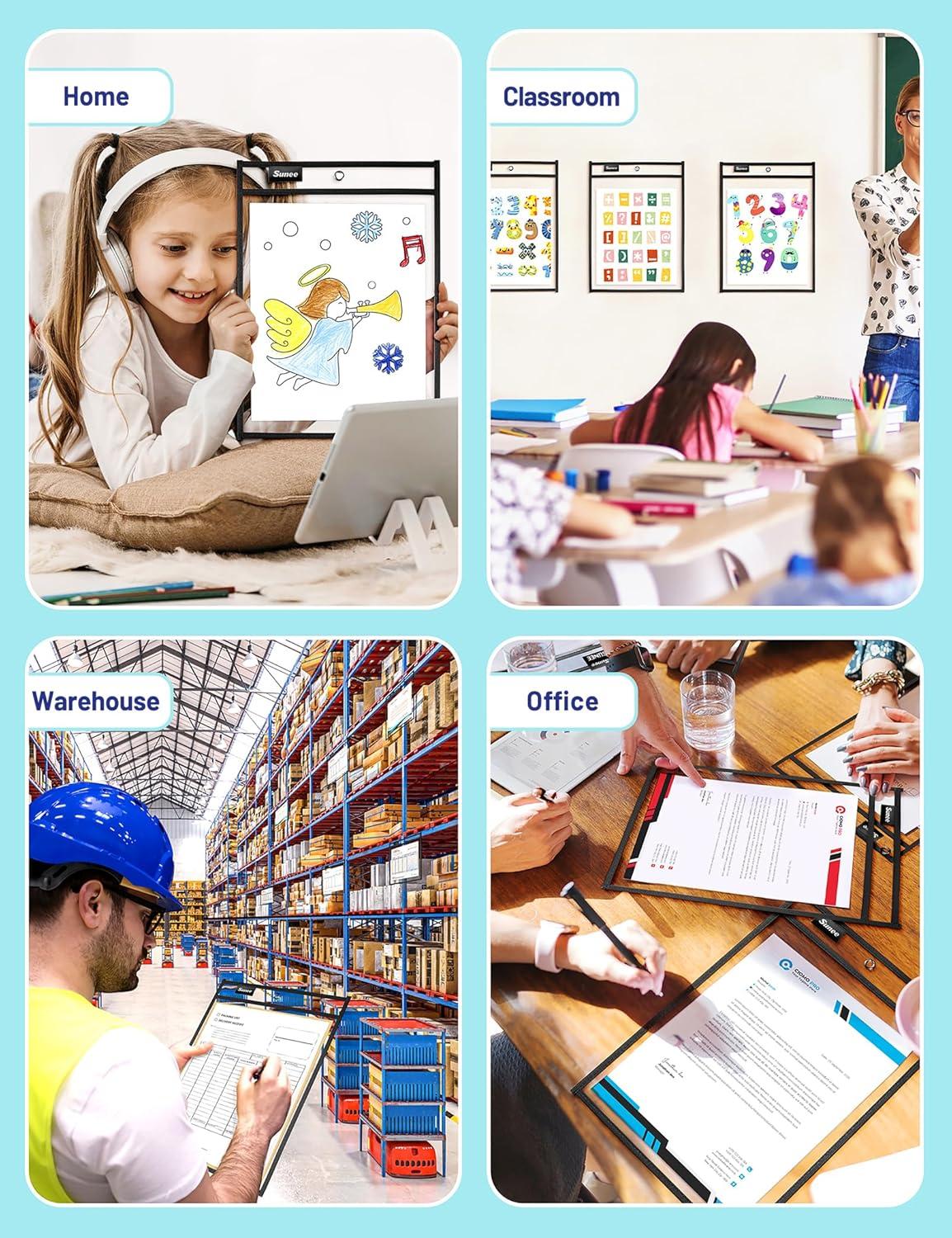 image:imageSUNEE 30 Packs Oversized Reusable Dry Erase Pocket Sleeves with 2 Rings Black 10x14 Ticket Holders Clear Plastic Sheet Protectors Teacher School Classroom Supplies30