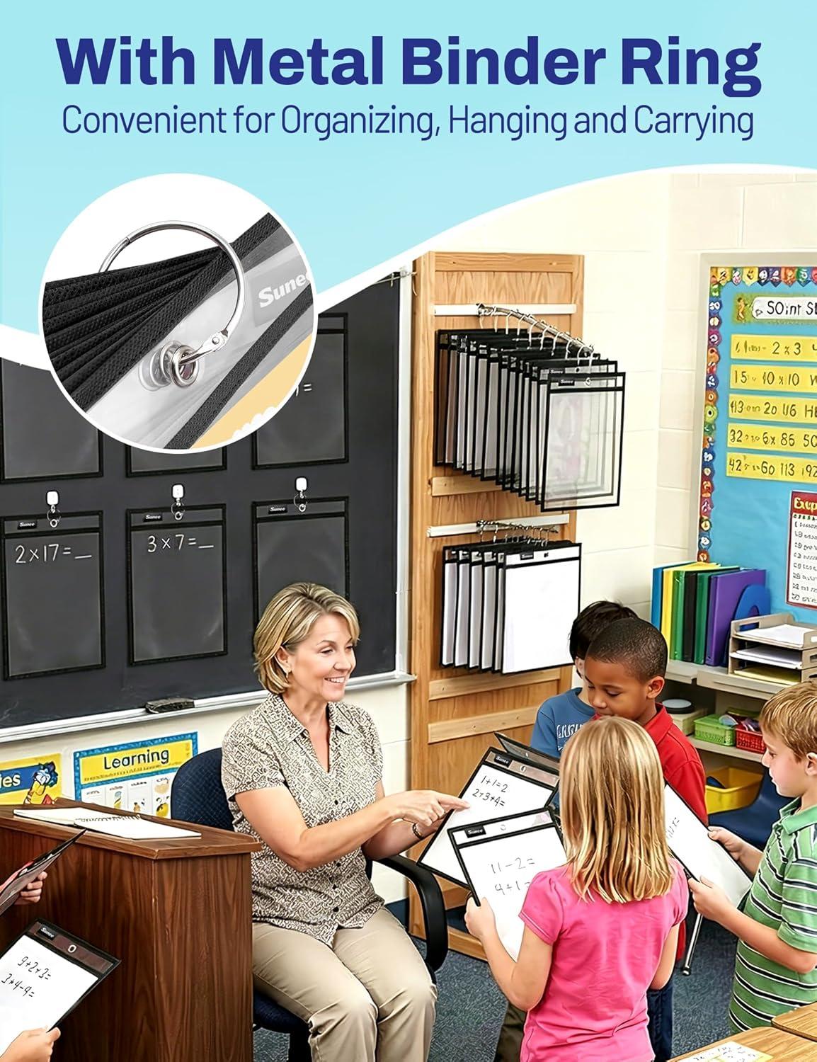 image:imageSUNEE 30 Packs Oversized Reusable Dry Erase Pocket Sleeves with 2 Rings Black 10x14 Ticket Holders Clear Plastic Sheet Protectors Teacher School Classroom Supplies30