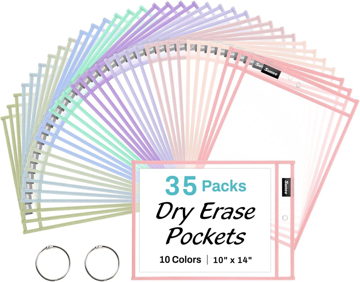 image:imageSUNEE 6 Packs Oversized Reusable Dry Erase Pocket Sleeves with Binder Ring 6 Morandi Colors 10x14 Ticket Holders Clear Plastic Sheet Protectors Teacher School Classroom SuppliesMorandi