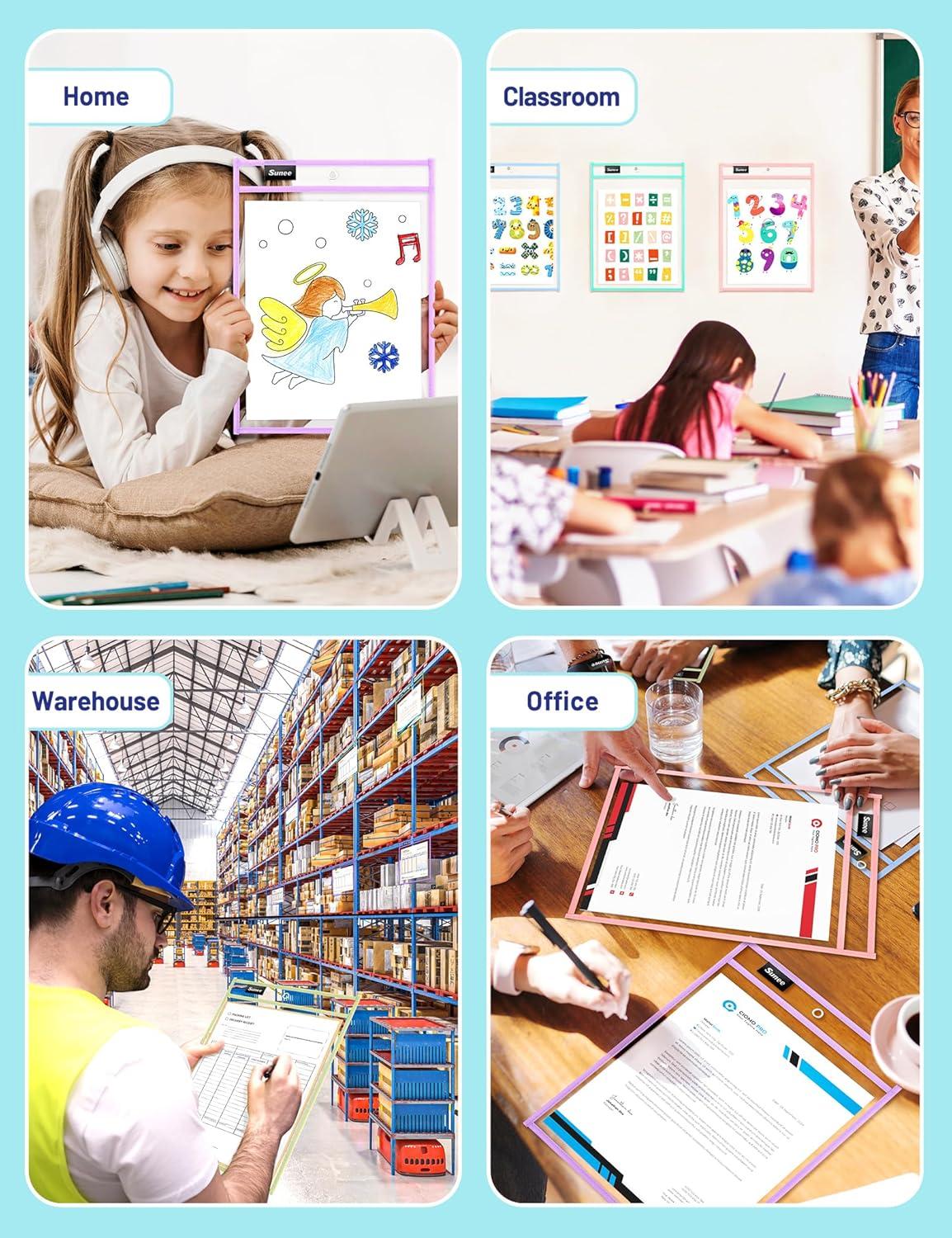 image:imageSUNEE 6 Packs Oversized Reusable Dry Erase Pocket Sleeves with Binder Ring 6 Morandi Colors 10x14 Ticket Holders Clear Plastic Sheet Protectors Teacher School Classroom SuppliesMorandi