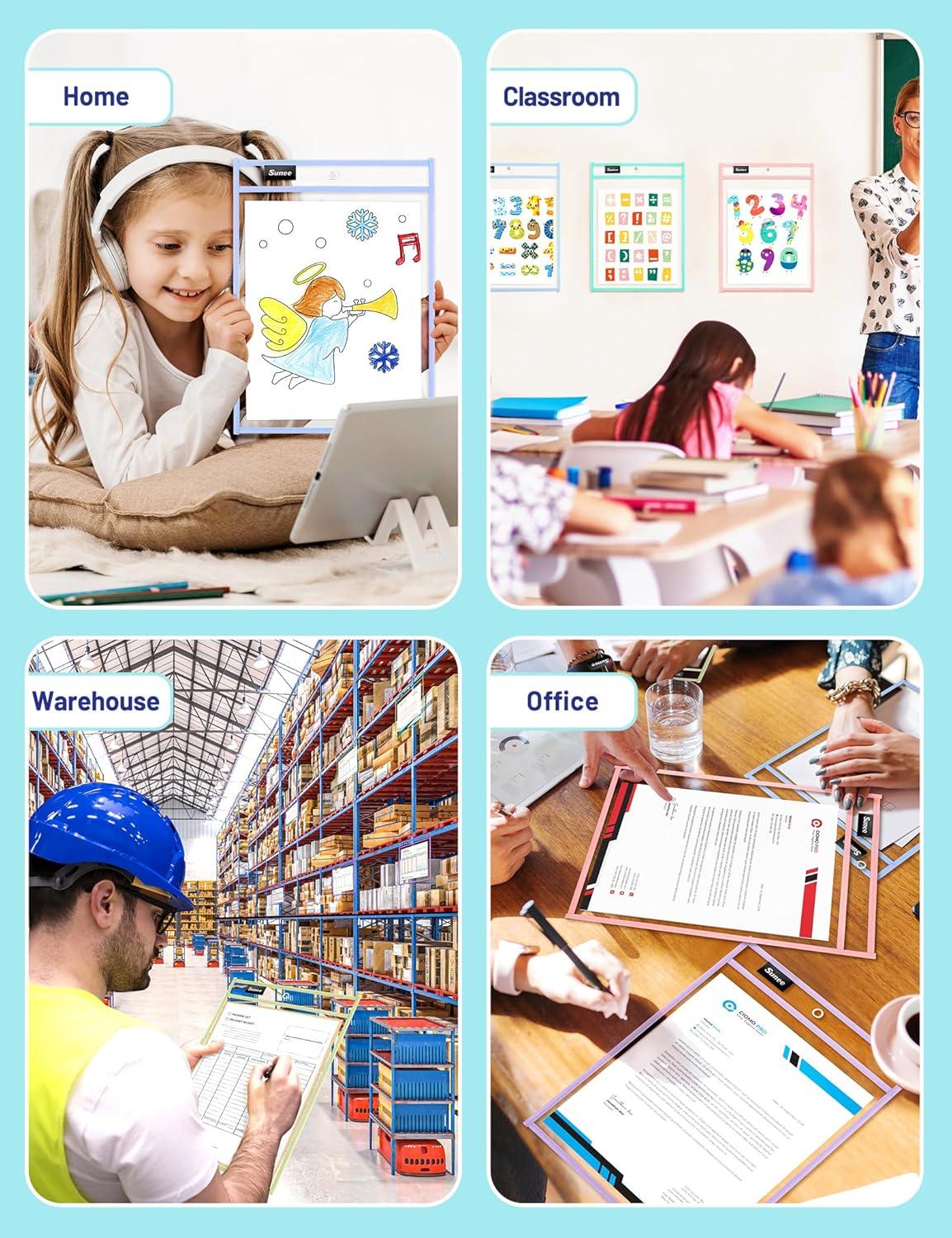 image:imageSUNEE 6 Packs Oversized Reusable Dry Erase Pocket Sleeves with Binder Ring 6 Morandi Colors 10x14 Ticket Holders Clear Plastic Sheet Protectors Teacher School Classroom SuppliesMorandi