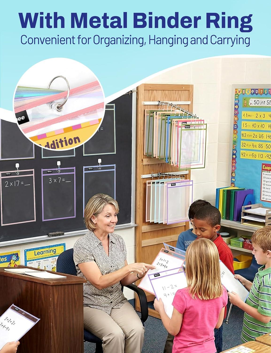 image:imageSUNEE 6 Packs Oversized Reusable Dry Erase Pocket Sleeves with Binder Ring 6 Morandi Colors 10x14 Ticket Holders Clear Plastic Sheet Protectors Teacher School Classroom SuppliesMorandi