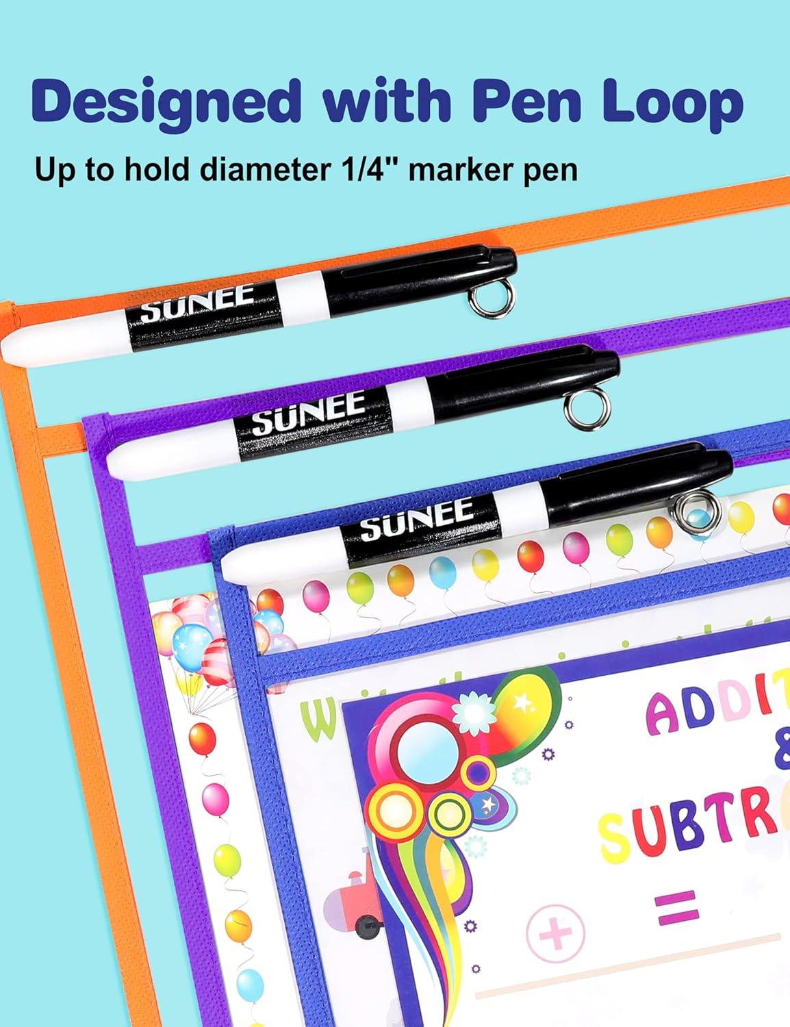 image:imageSUNEE 60 Packs Dry Erase Pockets Bundle 30PCS Assorted Color Pockets amp 30PCS Black Pockets amp 4PCS Rings