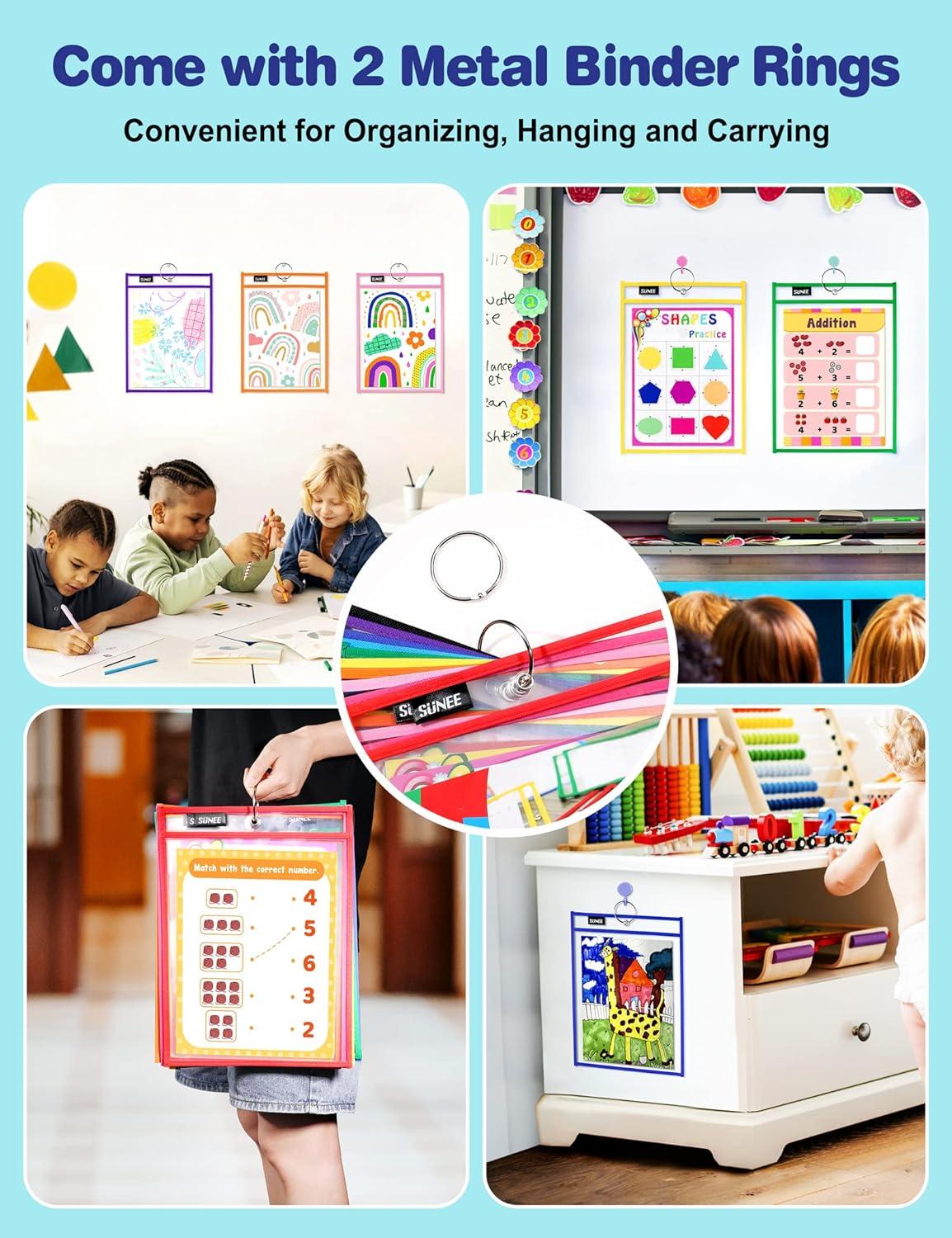 image:imageSUNEE 60 Packs Dry Erase Pockets Bundle 30PCS Assorted Color Pockets amp 30PCS Black Pockets amp 4PCS Rings