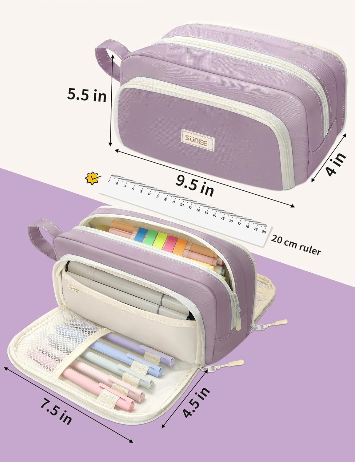 image:imageSUNEE Cute Pencil Case Aesthetic Pen Pouch with 3 Compartments Kawaii Colored Large Pencil Bag with Zipper Stationery Storage and Organizer Purple School Supplies for Teen and Adult GirlsPurple