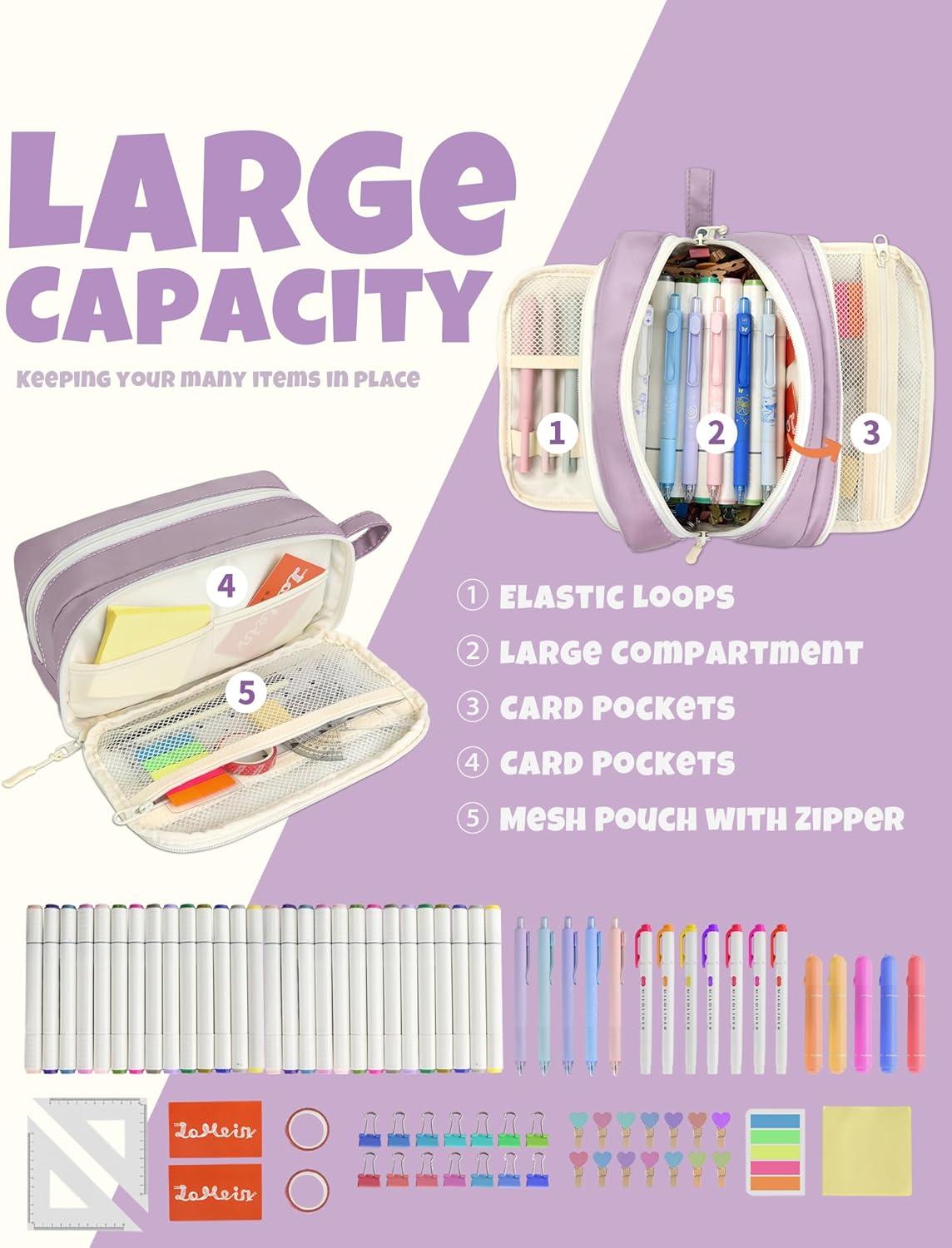 image:imageSUNEE Cute Pencil Case Aesthetic Pen Pouch with 3 Compartments Kawaii Colored Large Pencil Bag with Zipper Stationery Storage and Organizer Purple School Supplies for Teen and Adult GirlsPurple