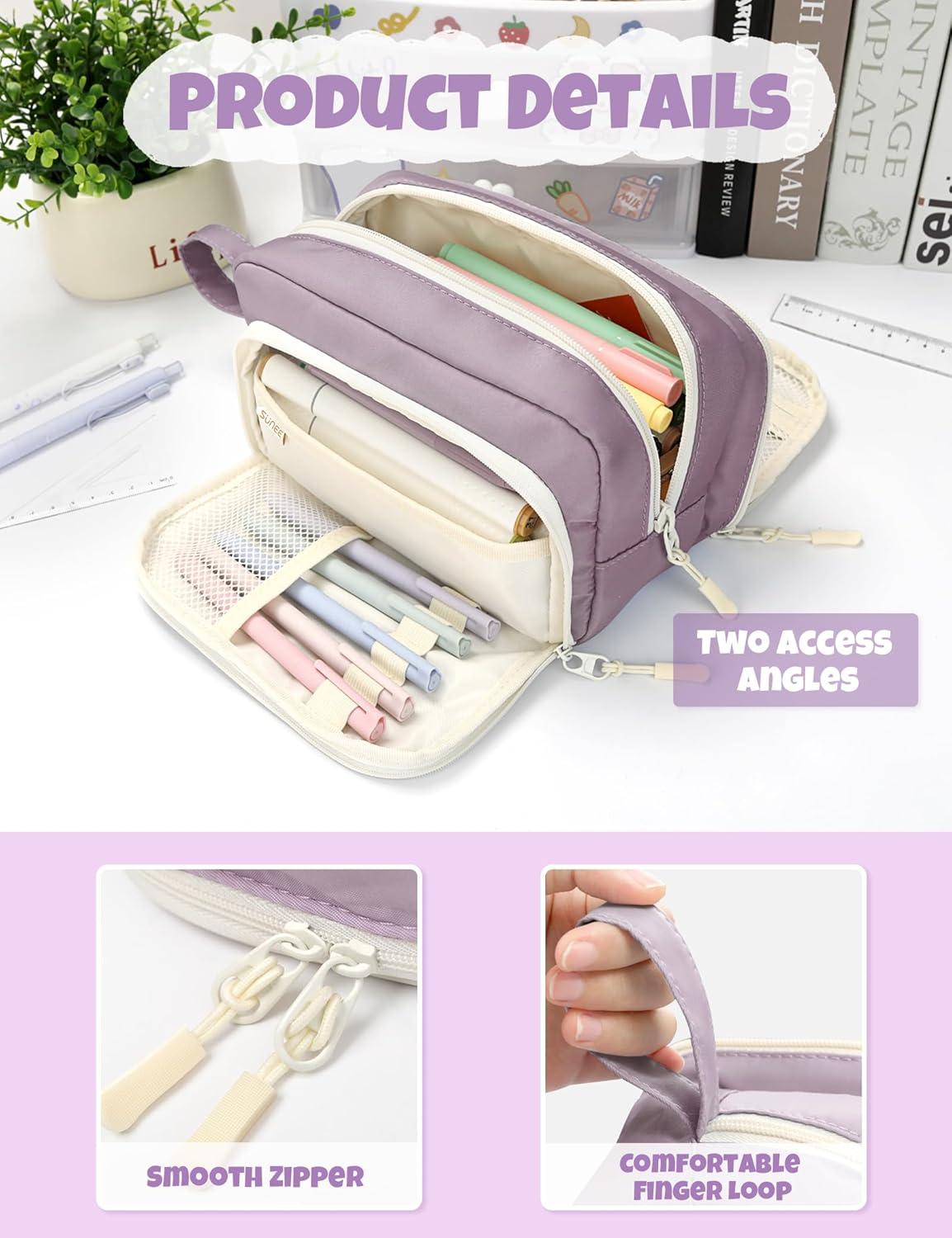 image:imageSUNEE Cute Pencil Case Aesthetic Pen Pouch with 3 Compartments Kawaii Colored Large Pencil Bag with Zipper Stationery Storage and Organizer Purple School Supplies for Teen and Adult GirlsPurple