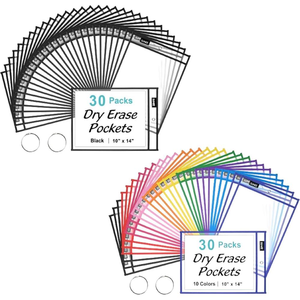 image:imageSUNEE 60 Packs Dry Erase Pockets Bundle 30PCS Assorted Color Pockets amp 30PCS Black Pockets amp 4PCS Rings