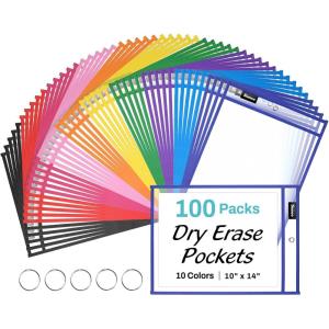 image:imageSUNEE 30 Packs Oversized Reusable Dry Erase Pocket Sleeves with 2 Rings 10 Assorted Colors 10x14 Ticket Holders Clear Plastic Sheet Protectors Teacher School Classroom Supplies100