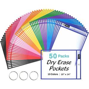 image:imageSUNEE 30 Packs Oversized Reusable Dry Erase Pocket Sleeves with 2 Rings 10 Assorted Colors 10x14 Ticket Holders Clear Plastic Sheet Protectors Teacher School Classroom Supplies50