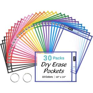 image:imageSUNEE 30 Packs Oversized Reusable Dry Erase Pocket Sleeves with 2 Rings 10 Assorted Colors 10x14 Ticket Holders Clear Plastic Sheet Protectors Teacher School Classroom Supplies30