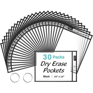 image:imageSUNEE 30 Packs Oversized Reusable Dry Erase Pocket Sleeves with 2 Rings Black 10x14 Ticket Holders Clear Plastic Sheet Protectors Teacher School Classroom Supplies30