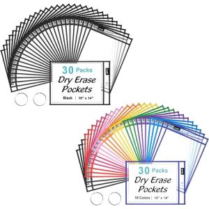 image:imageSUNEE 60 Packs Dry Erase Pockets Bundle 30PCS Assorted Color Pockets amp 30PCS Black Pockets amp 4PCS Rings
