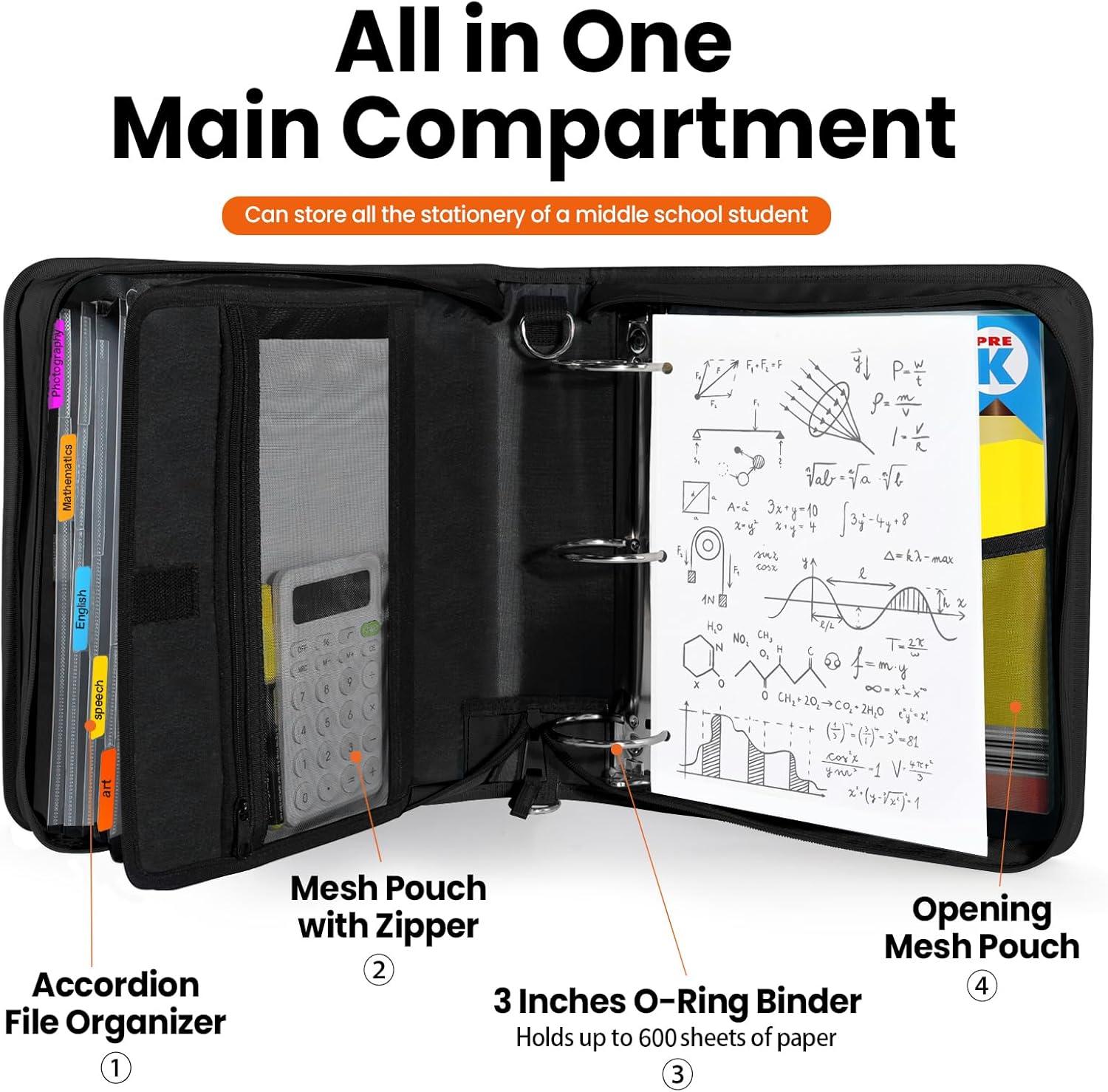 image:imageSUNEE Zipper Binder 3 Ring 3 Inch ORing with Handle and Shoulder Strap 500Sheet Capacity MultiPockets for Middle School Organizer Binder with Zipper Black