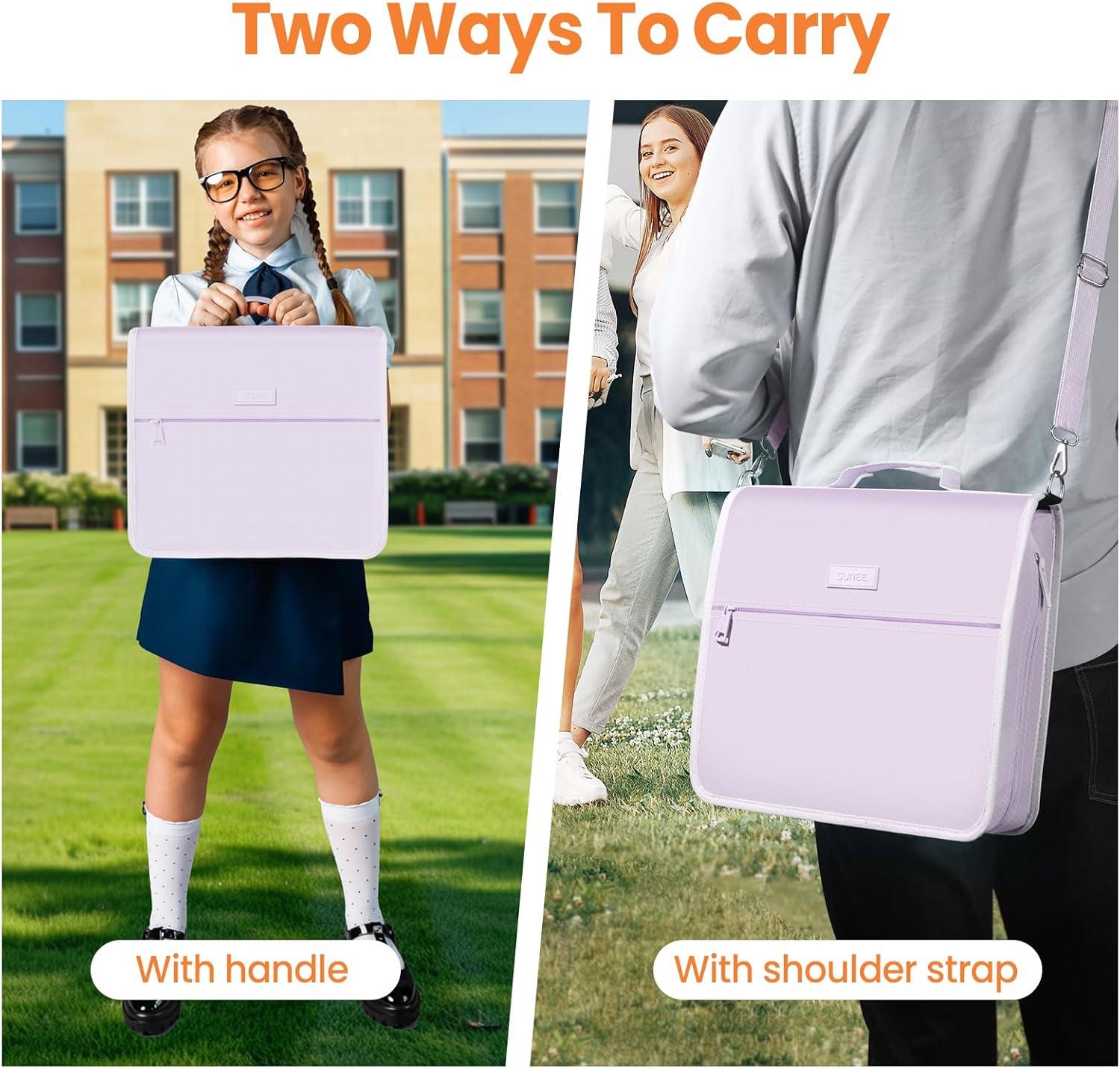 image:imageSUNEE Zipper Binder 3 Ring 3 Inch ORing with Handle and Shoulder Strap 600Sheet Capacity 5Tab Expanding File Folder MultiPockets for Middle School Organizer Binder with Zipper Lavender Purple
