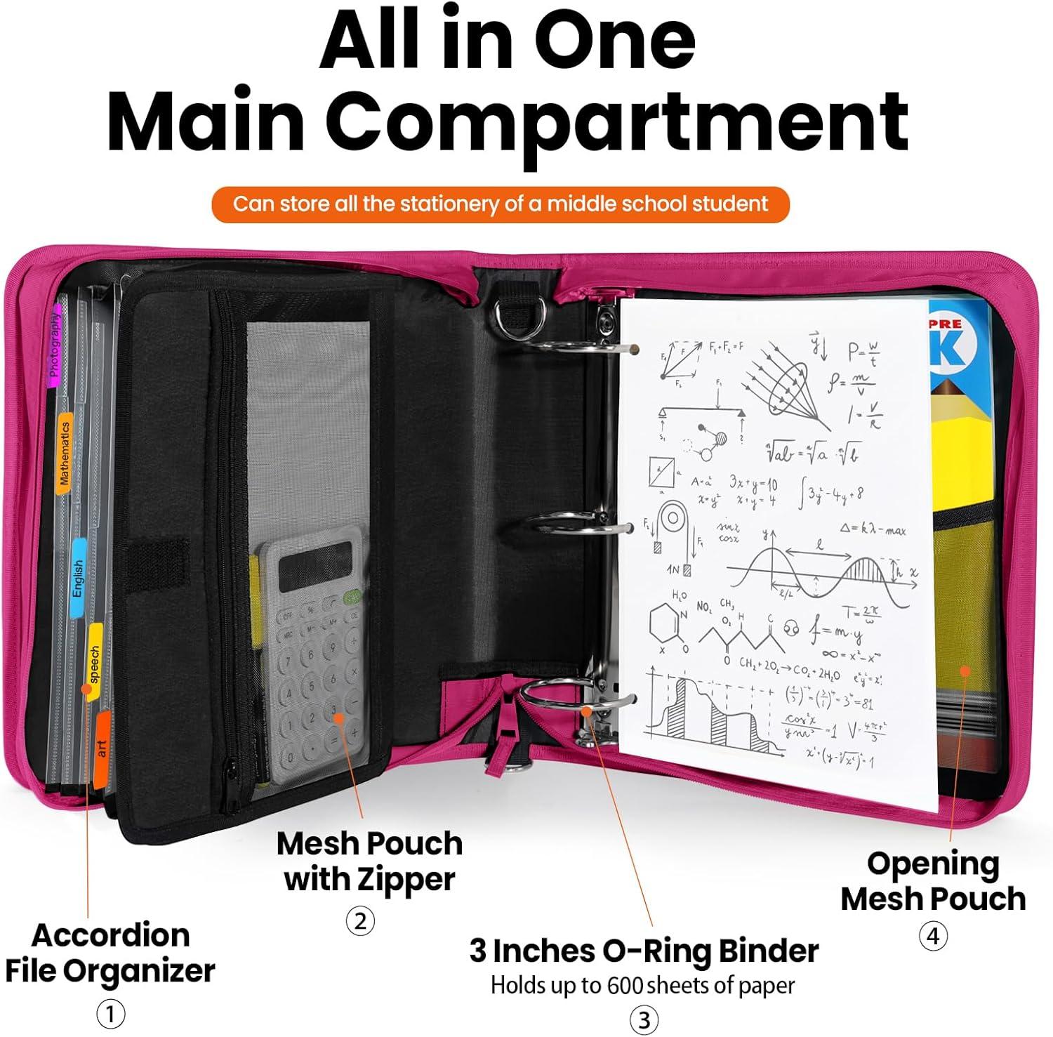 image:imageSUNEE Zipper Binder 3 Ring 3 Inch ORing with Handle and Shoulder Strap 600Sheet Capacity 5Tab Expanding File Folder MultiPockets for Middle School Organizer Binder with Zipper Berry Pink