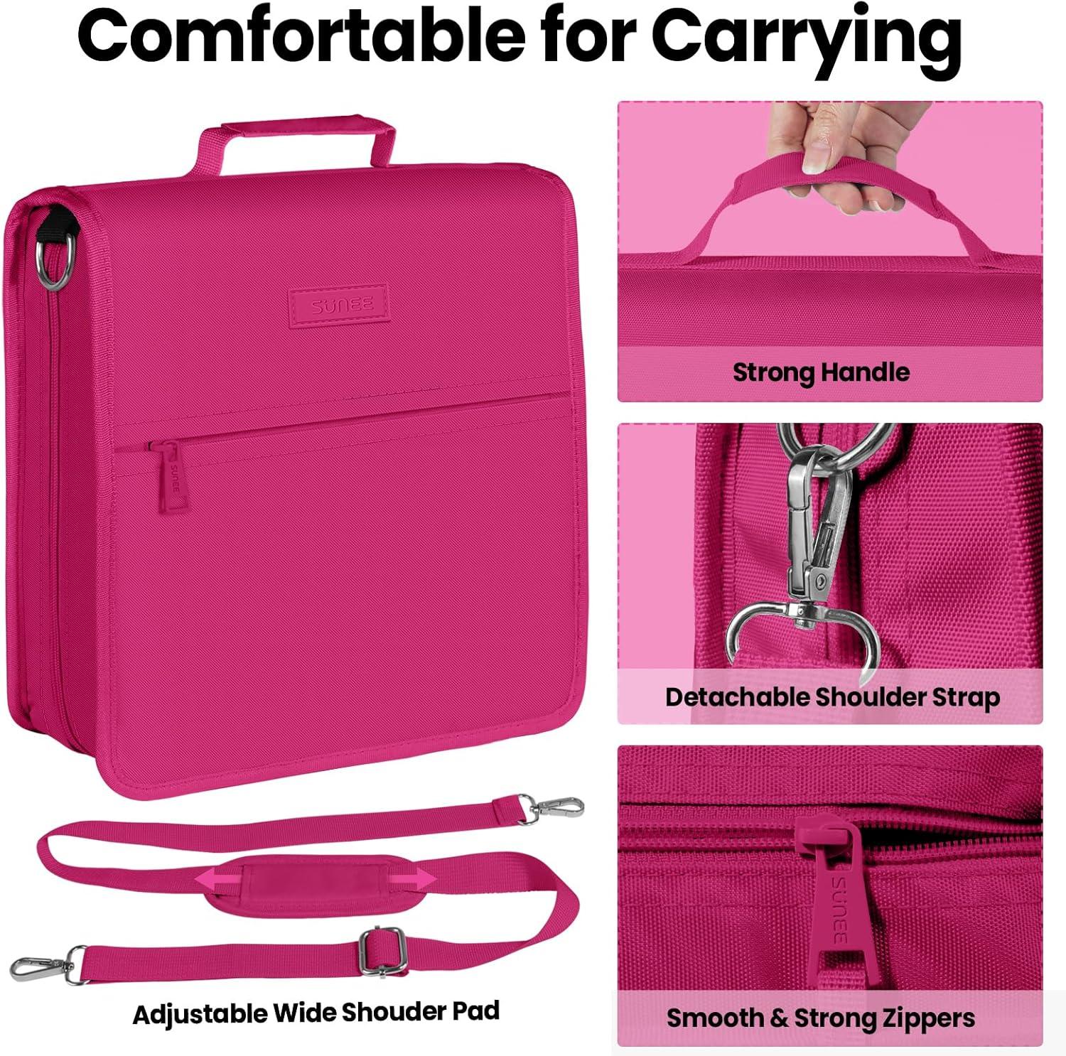 image:imageSUNEE Zipper Binder 3 Ring 3 Inch ORing with Handle and Shoulder Strap 600Sheet Capacity 5Tab Expanding File Folder MultiPockets for Middle School Organizer Binder with Zipper Berry Pink