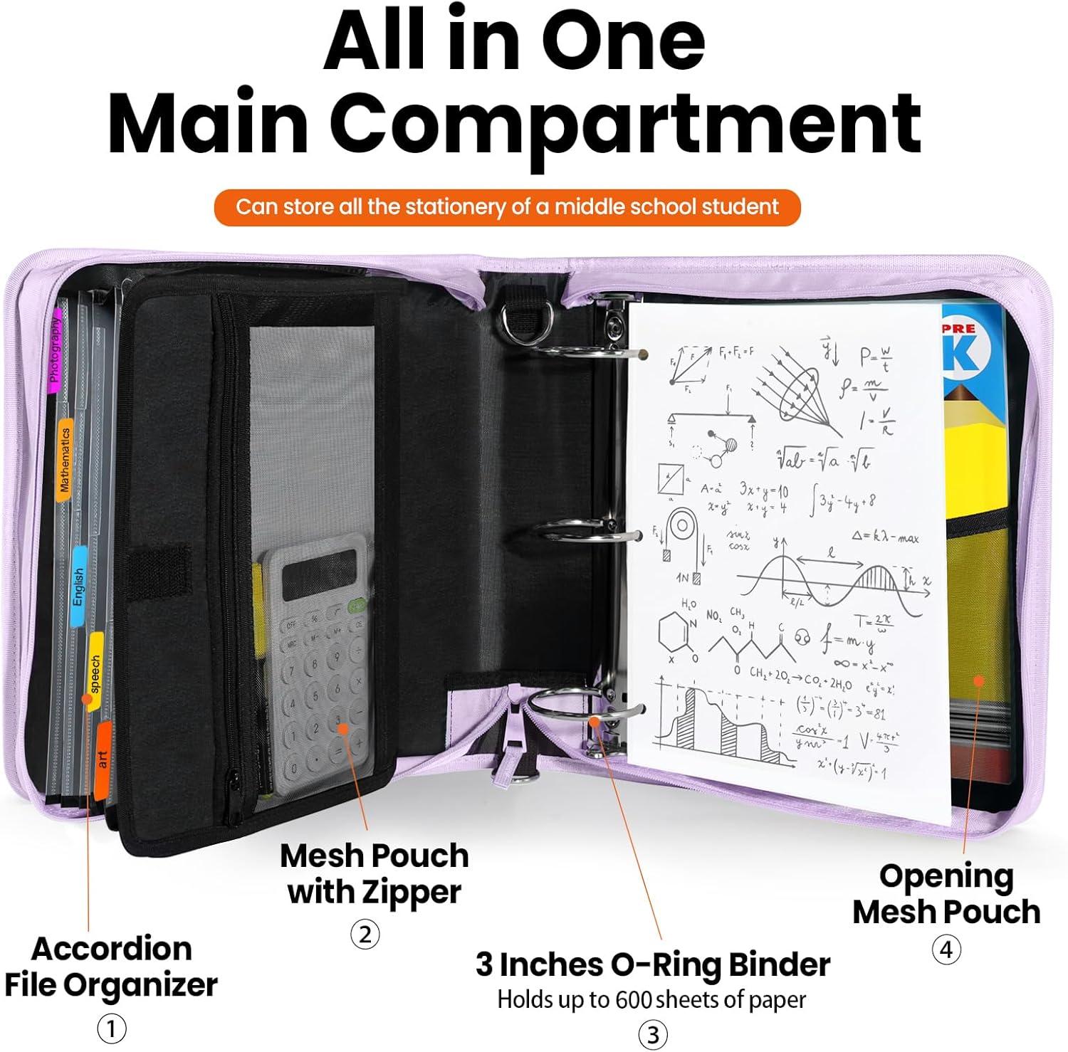 image:imageSUNEE Zipper Binder 3 Ring 3 Inch ORing with Handle and Shoulder Strap 600Sheet Capacity 5Tab Expanding File Folder MultiPockets for Middle School Organizer Binder with Zipper Lavender Purple
