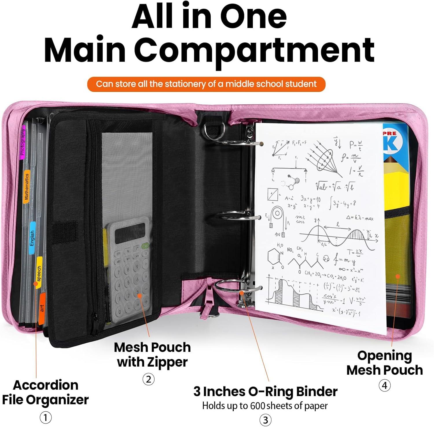 image:imageSUNEE Zipper Binder 3 Ring 3 Inch ORing with Handle and Shoulder Strap 600Sheet Capacity 5Tab Expanding File Folder MultiPockets for Middle School Organizer Binder with Zipper Grape Purple