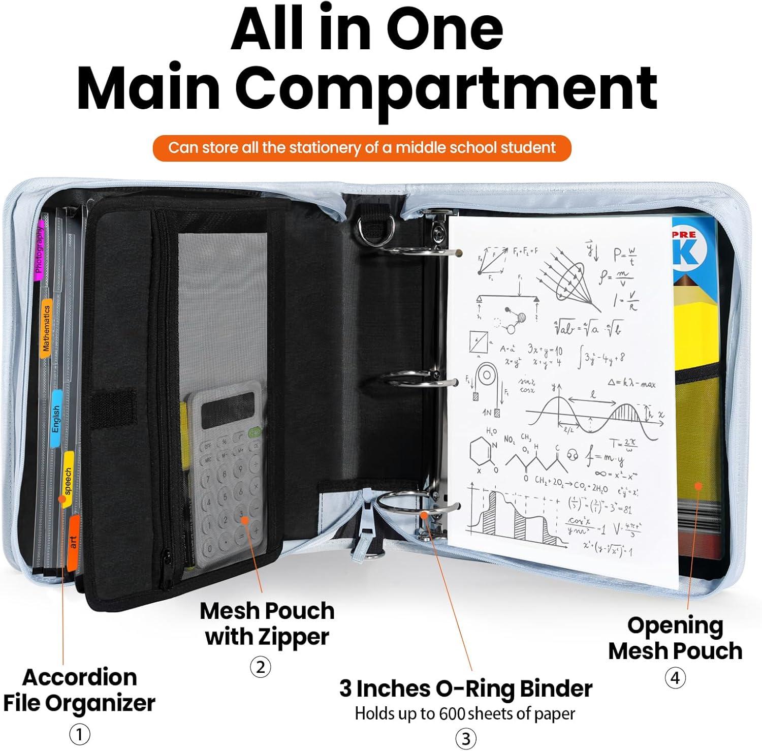 image:imageSUNEE Zipper Binder 3 Ring 3 Inch ORing with Handle and Shoulder Strap 600Sheet Capacity 5Tab Expanding File Folder MultiPockets for Middle School Organizer Binder with Zipper Dusk Blue