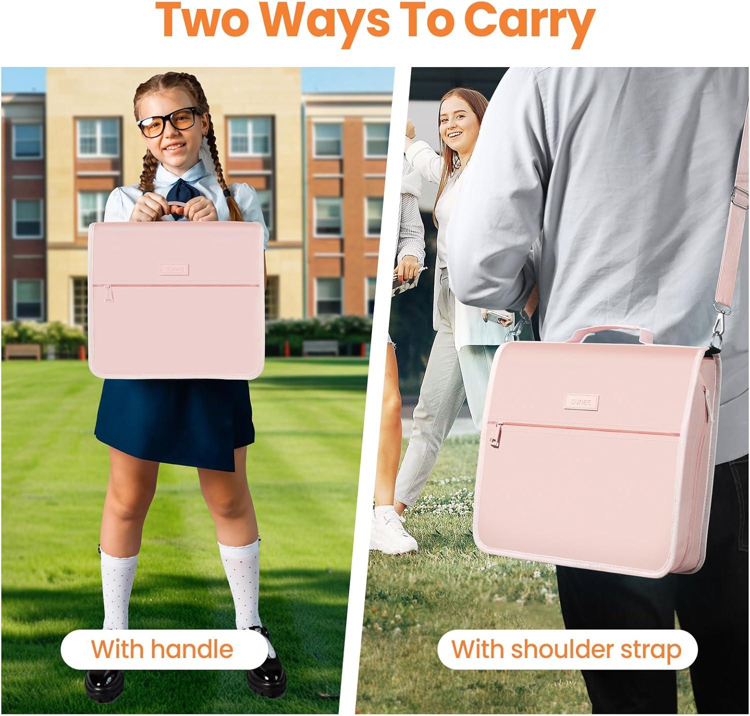 image:imageSUNEE Zipper Binder 3 Ring 3 Inch ORing with Handle and Shoulder Strap 600Sheet Capacity 5Tab Expanding File Folder MultiPockets for Middle School Organizer Binder with Zipper Pink Lotus