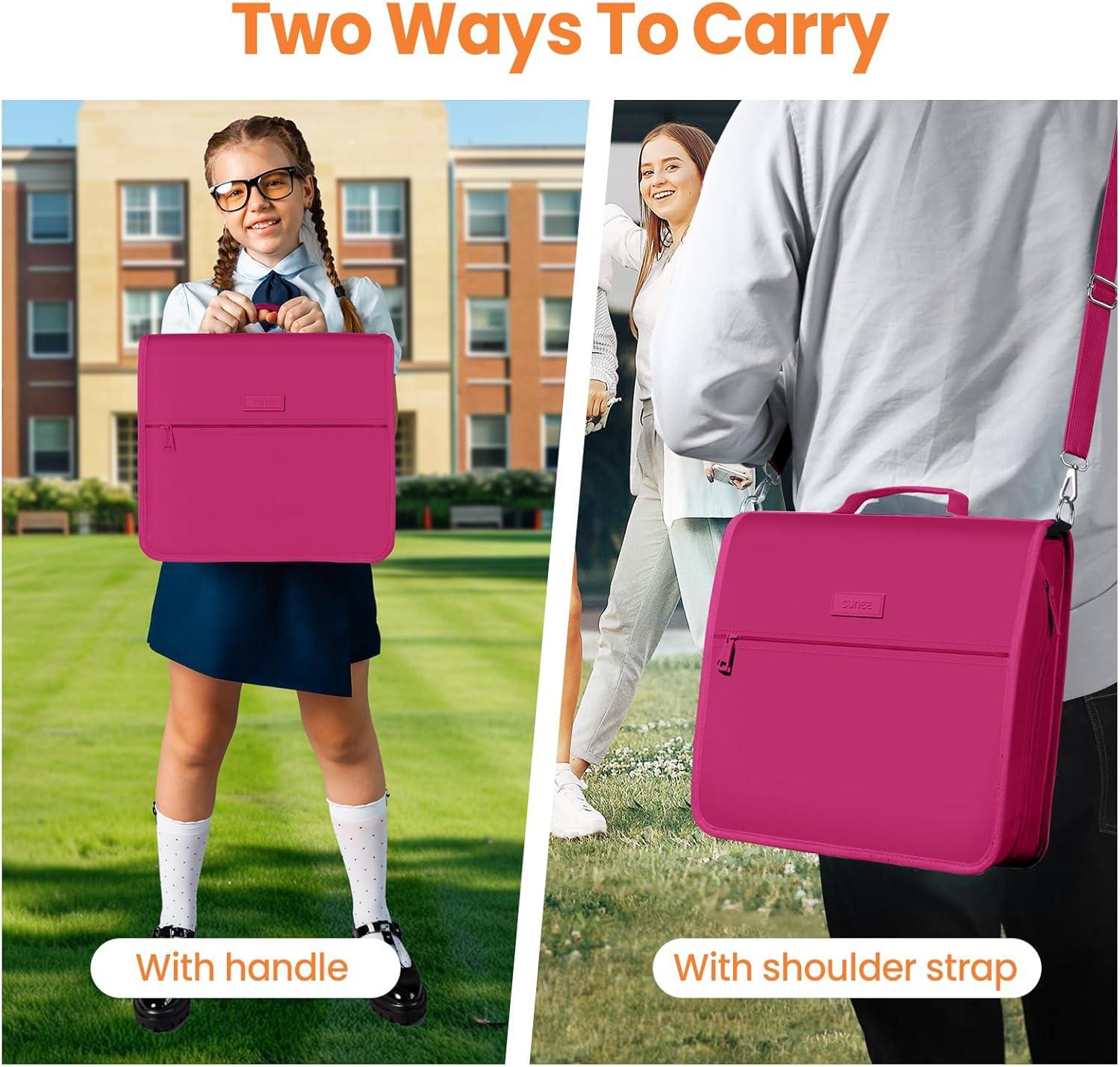 image:imageSUNEE Zipper Binder 3 Ring 3 Inch ORing with Handle and Shoulder Strap 600Sheet Capacity 5Tab Expanding File Folder MultiPockets for Middle School Organizer Binder with Zipper Berry Pink