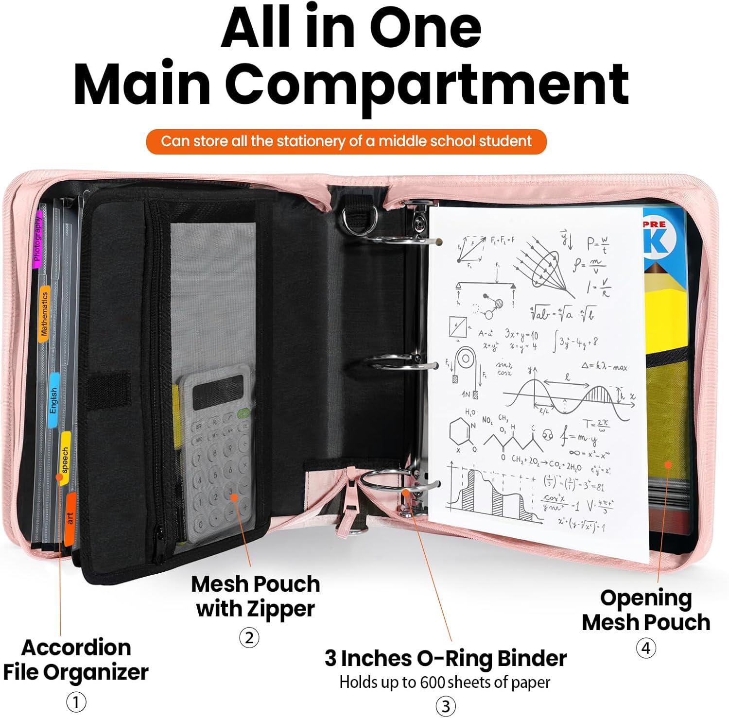 image:imageSUNEE Zipper Binder 3 Ring 3 Inch ORing with Handle and Shoulder Strap 600Sheet Capacity 5Tab Expanding File Folder MultiPockets for Middle School Organizer Binder with Zipper Pink Lotus