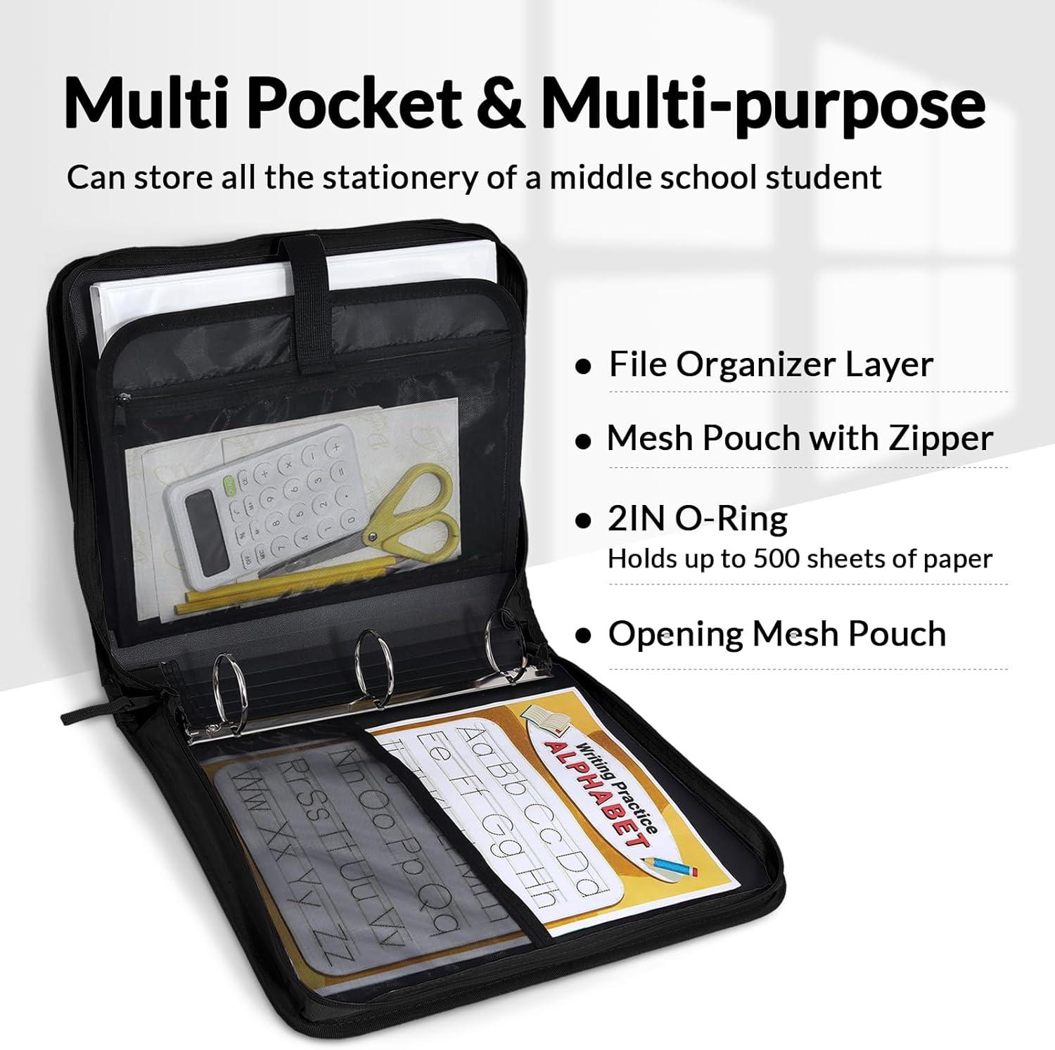 image:imageSUNEE Zipper Binder Bag with Handle 2Inch 3Ring ORing 500Sheet Capacity Includes Zip Pocket 5Tab Expanding File Folder MultiPocket Organizer Binder for Middle School Black